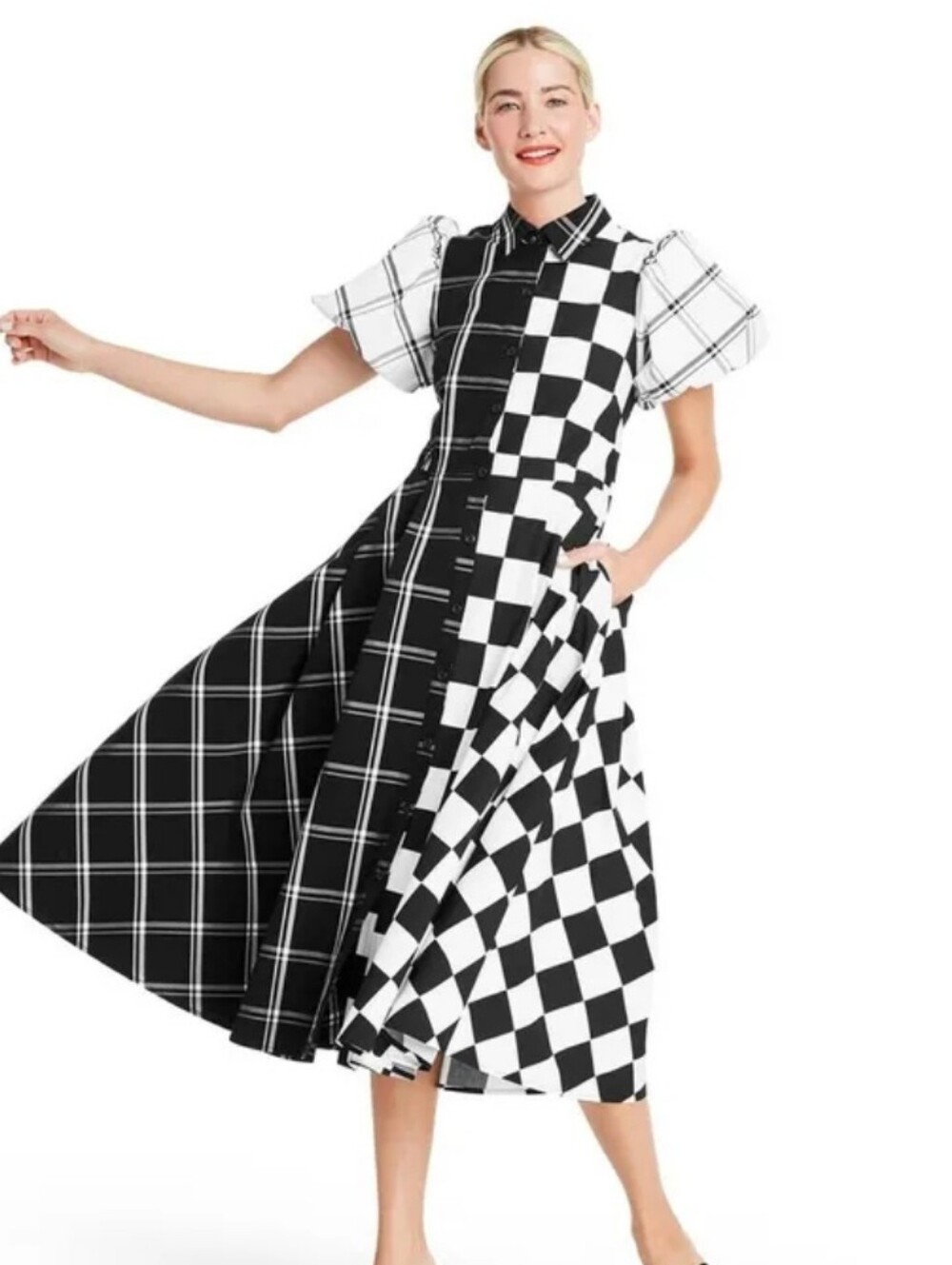 Christopher John Rogers for target mixed checkaboard puff Sleece Dress NWT